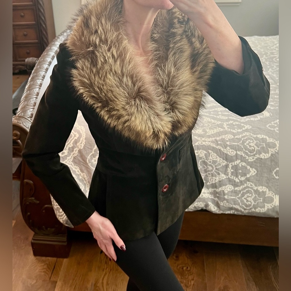 Vintage 80s Casso Jacques Gabriel Levy Suede Leather Jacket Real Fur Collar